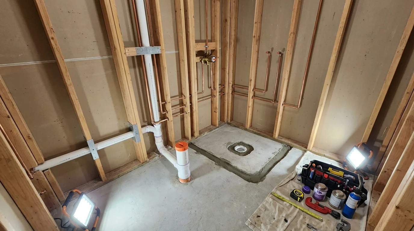 Bathroom rough-in plumbing during remodel by Johns Plumbing LLC in Wellford