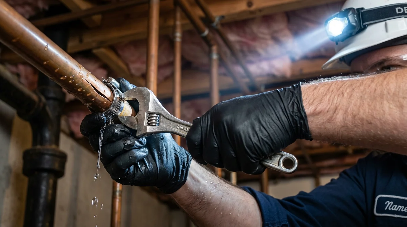 Emergency pipe clamp repair being performed by a Johns Plumbing LLC plumber in Wellford