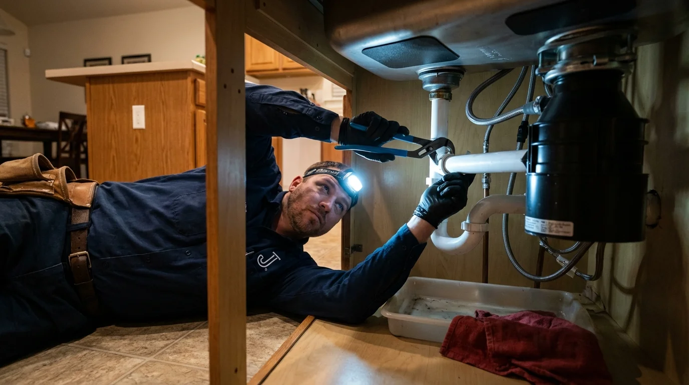 P-trap and supply line connections under a kitchen sink showing a common leak point in Wellford, SC